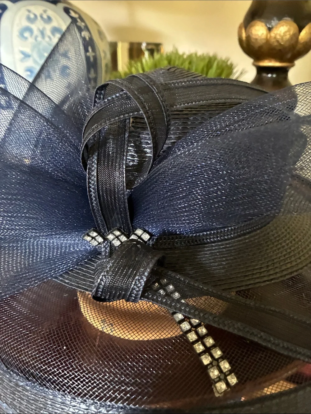 Navy Mesh Fascinator / British Royalty Style with Rhinestone Trim